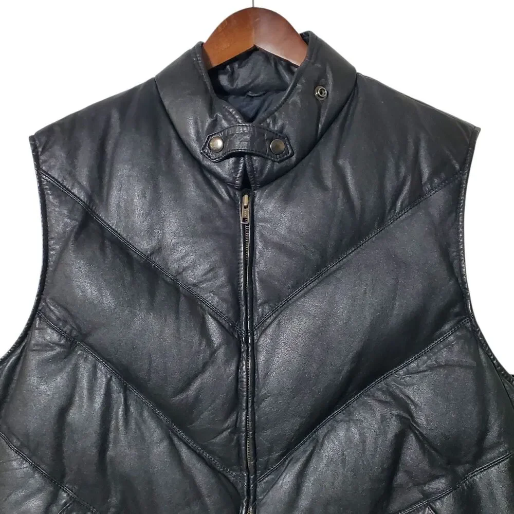 Goose Country Bomber Vest Size 44 Full Zip Down Feathers Leather Black Mens